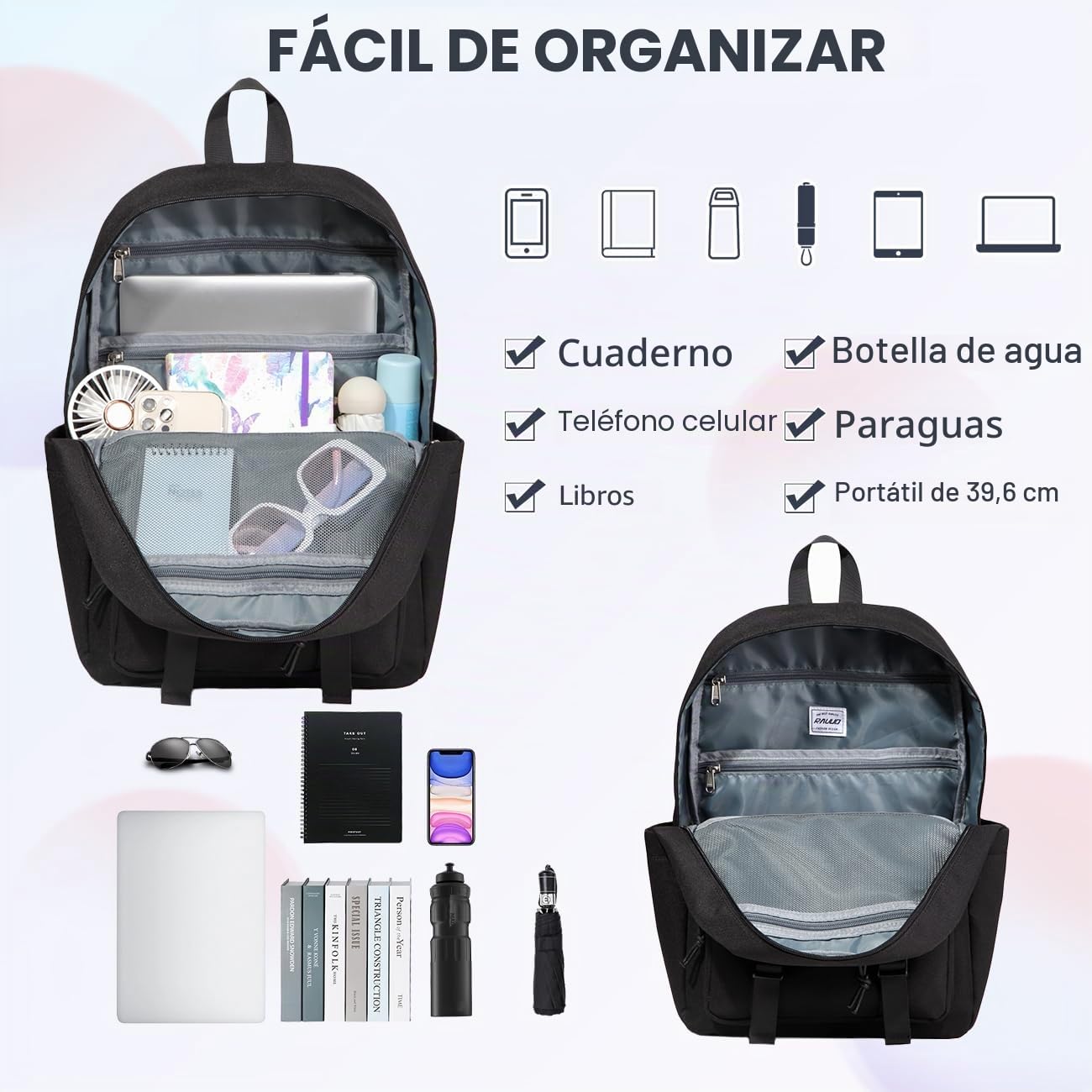 RAVUO Mochila Escolar Adolescente, Casual para Hombre y Mujer Impermeable Instituto Chica Chico Ligera Portatil 15.6 Pulgadas