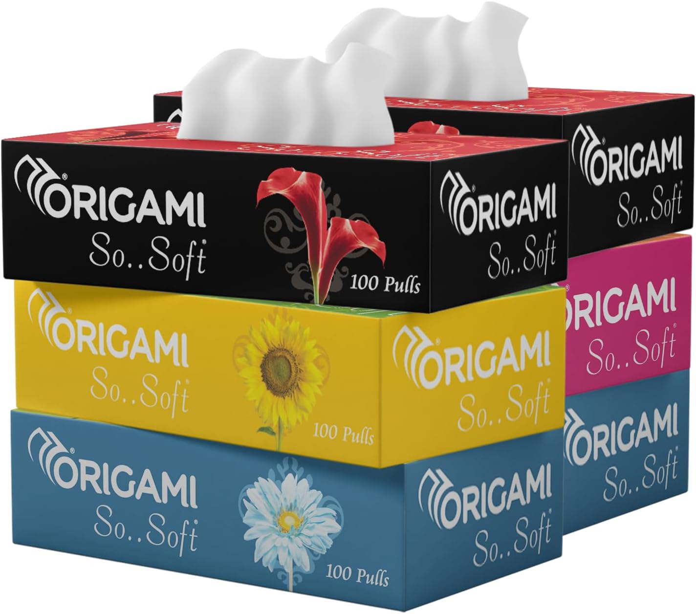 Origami So Soft 2 Ply Facial Tissue Box | Ultra Soft, Skin Friendly & Highly Absorbent Face Tissues | Multipurpose Car, Home & Office Use | Pack of 6 (100 Pulls Per Box, 600 Sheets)
