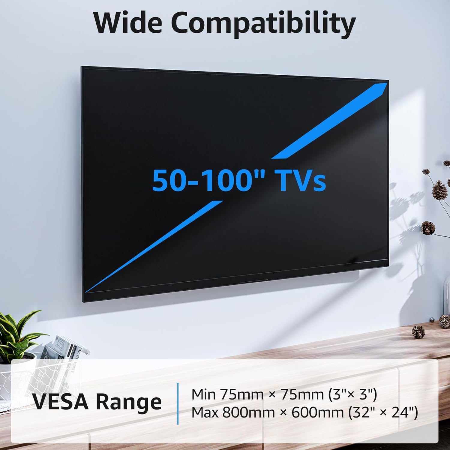 MOUNTUP Fixed TV Wall Mount for Most 50-100" TVs, 1.3” Slim Low Profile TV Mount with Level Design, Heavy Duty Mount for Large TVs, Fits 16"-32" Studs, Max VESA 800x600mm 199 LBS Loading MU0093