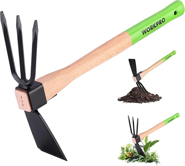 WORKPRO Hoe and Cultivator Garden Rake with 14" Wooden Handle, Sharp Hoe Blade & Sturdy 3 Claw Tiller, 2-in-1 Heavy Duty Gardening Hand Tools for Digging, Loosening Soil, Weeding, Cultivatin
