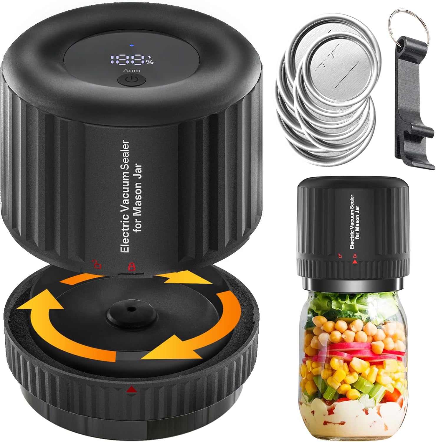 Electric Mason Jar Vacuum Sealer-Cordless Mason Jar Vacuum Sealer Kit for Wide & Regular Mouth Mason Jar Vacuum Sealer for Mason Jars Handheld Mason Jar Sealer for Food Storage Kitchen Camping, Black Electric Mason Jar Vacuum Sealer-Cordless Mason Jar Vacuum Sealer Kit for Wide & Regular Mouth Mason Jar Vacuum Sealer for Mason Jars Handheld Mason Jar Sealer for Food Storage Kitchen Camping, Black