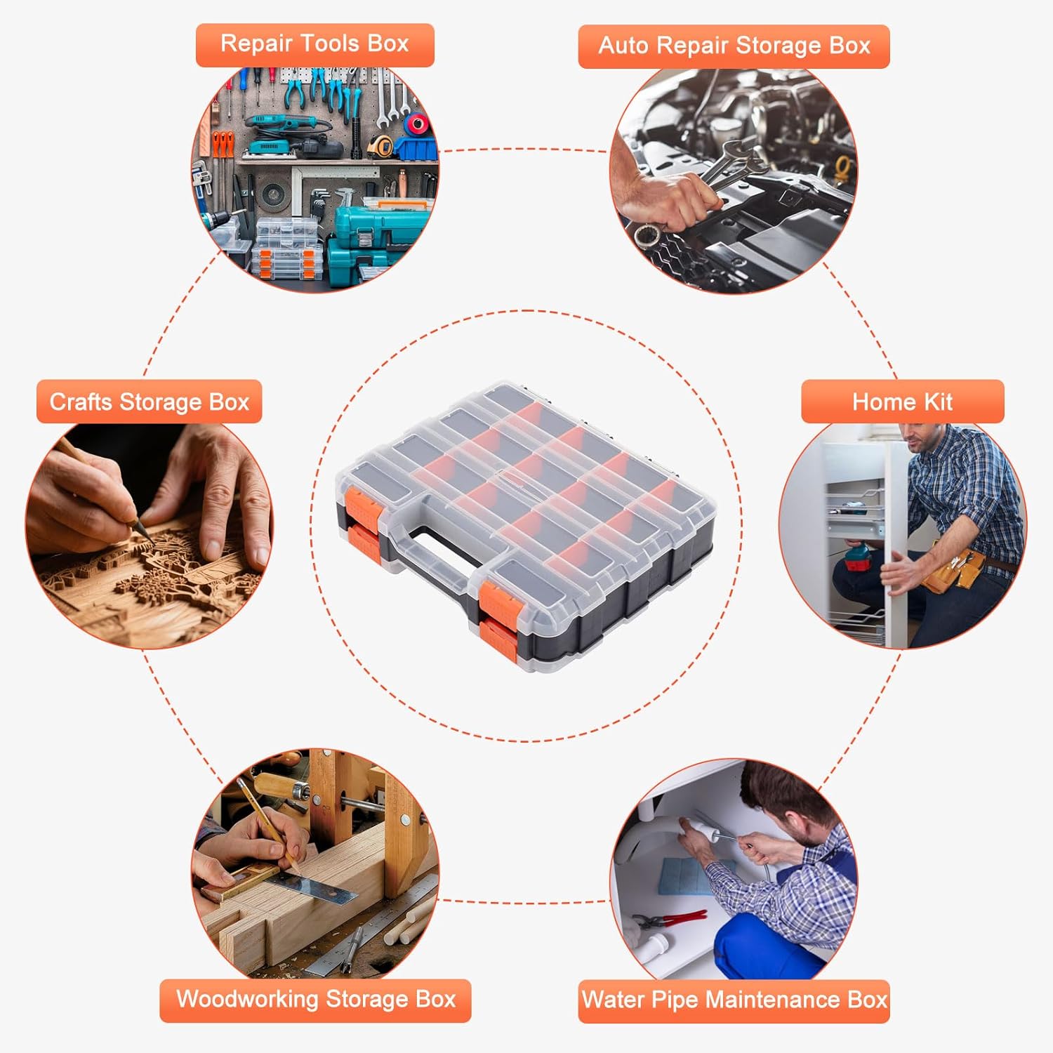 Small Parts Organizer, 34 Compartments Double Side Tool Box with Removable Dividers and Transparent Lid, Plastic Tackle Box Organizer for Hardware, Screws, Bolts, Nails, Nuts, Beads, Jewelry, Orange