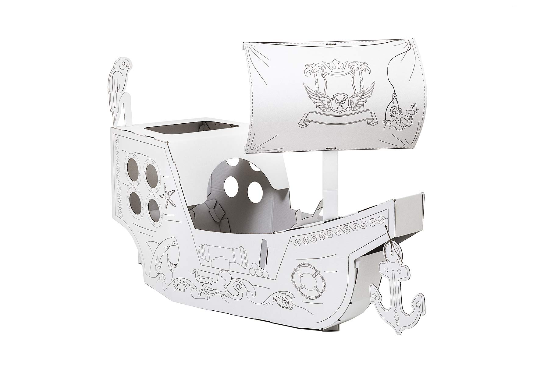 Annahouse Creative Outlined White Pirate Ship for Painting with Pencils, Crayons, Gouache, Finger Paints, DIY, Large, 3+ Years