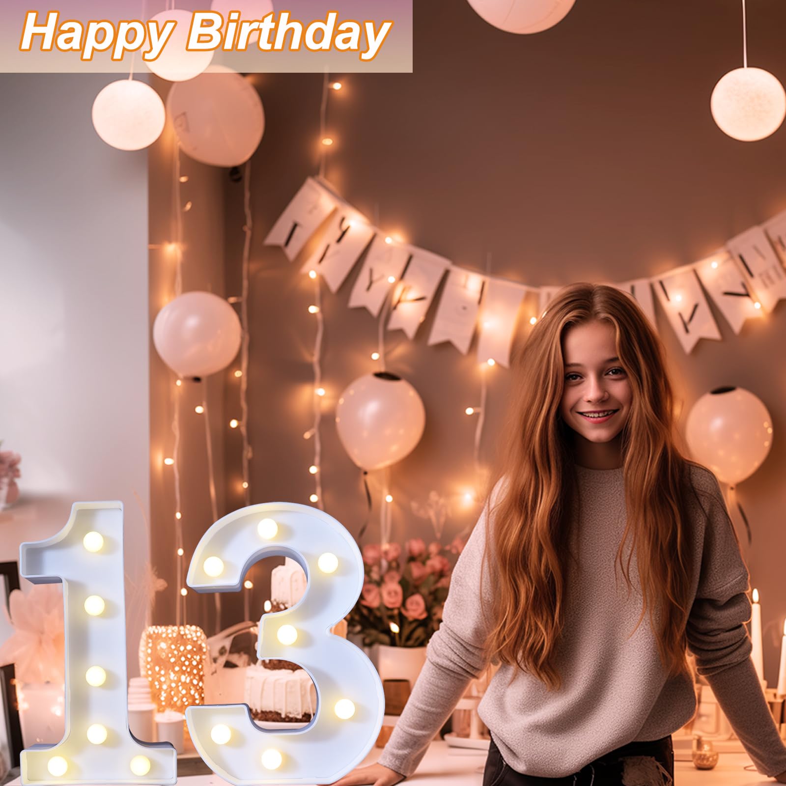 8.8" Decorative LED Light Up Numbers, Marquee Numbers Lights for 13th Birthday Decorations, Lighted Number Sign for Birthday Party Night Lights Anniversary Backdrop Home Decor, White Number 13 — view 2
