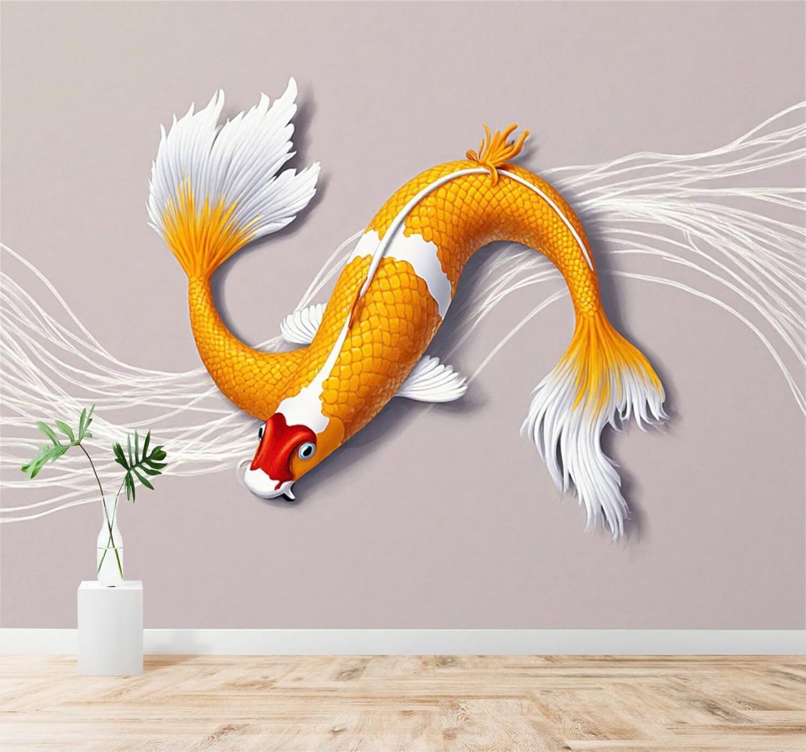 XLMING Minimalist Three Dimensional Golden Koi Fish Elegant Ripples 3D Wallpaper Premium Textured Silk Study Dining Living Room Bedroom Sofa TV Wall Easy Install-400cm×280cm