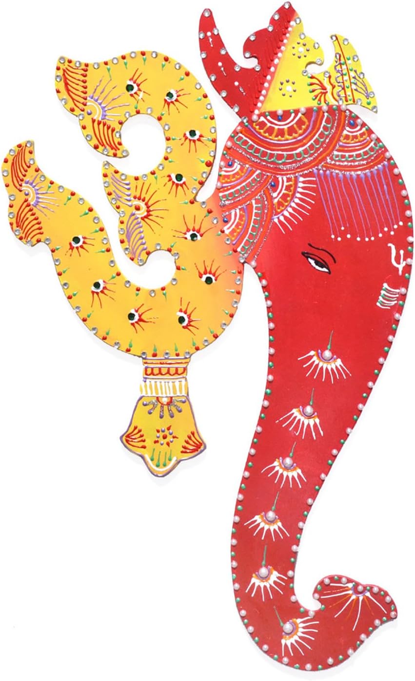 Ethnic AvenueBright Yellow & Red Indian Art Wall Decor Hanging Painting of Lord Ganesha & Spiritual Om - Authentic Handmade Hindu Art of Prosperity