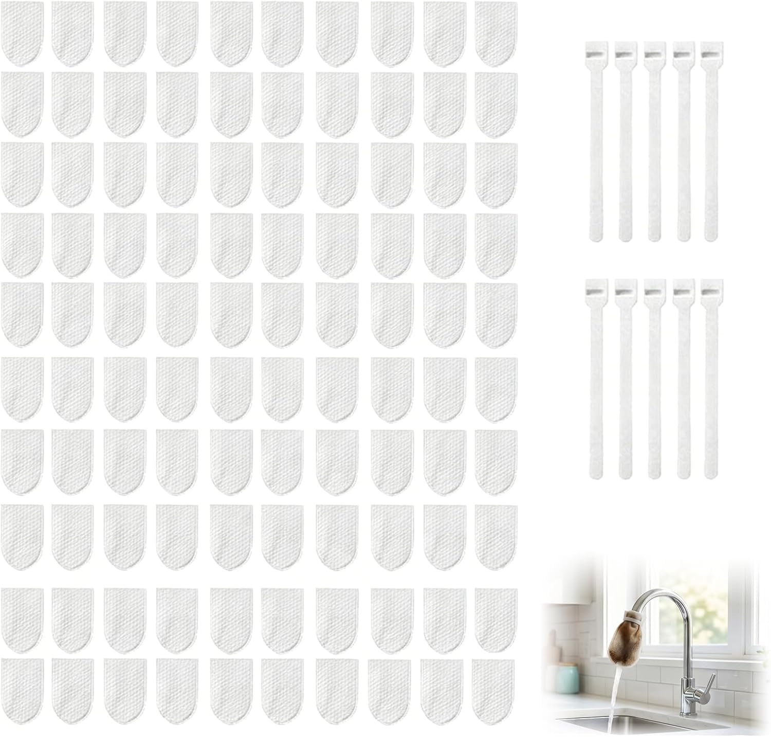 100Pcs Faucet Filter Cotton Bags with 10 Fastening Bands,Kitchen Splash-Proof Filters Bags for Faucets,Faucet Filter Bag for Filtering Tap Water, Groundwater, Filters Rust, Silt