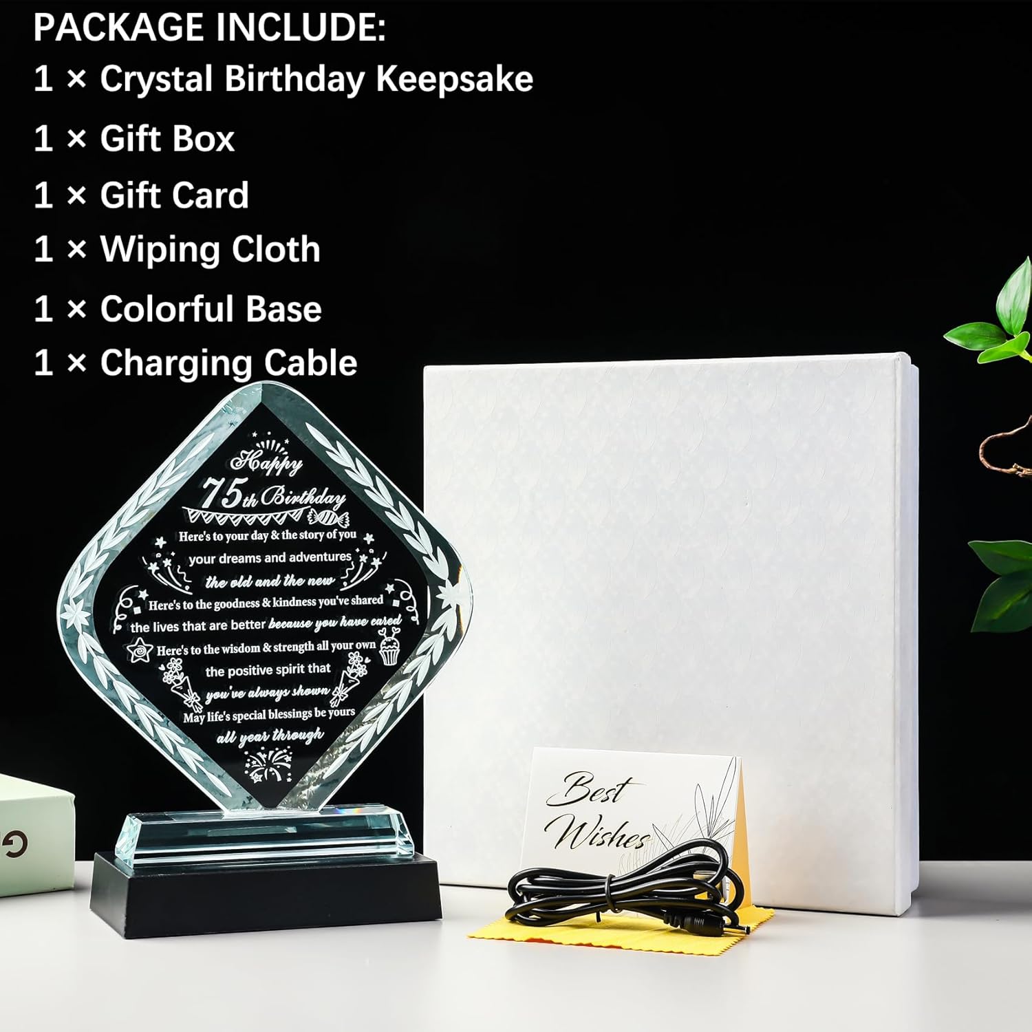 YWHL 75th Birthday Gifts for Men Women with Light Base Crystal Happy 75th Birthday Plaque Decorations Best Gift Ideas for 75 Year Old Mom Dad Wife Husband Born in 1950 - Image 6