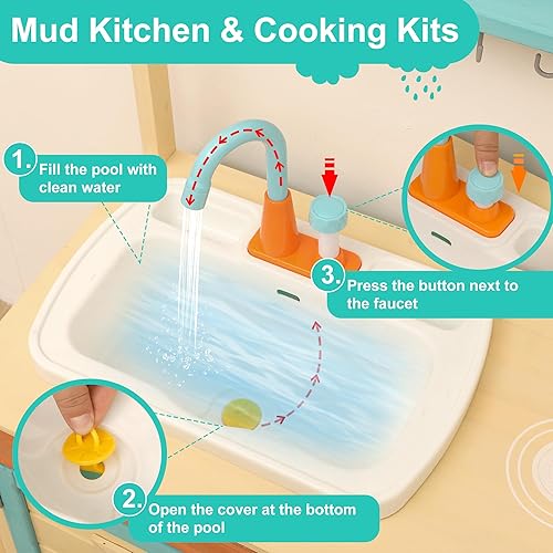 Miniatura 4 de Cocina de juego para niños, juego de cocina de madera para niños a partir de 3 años con luces realistas, sonidos, fregadero y accesorios, juguetes