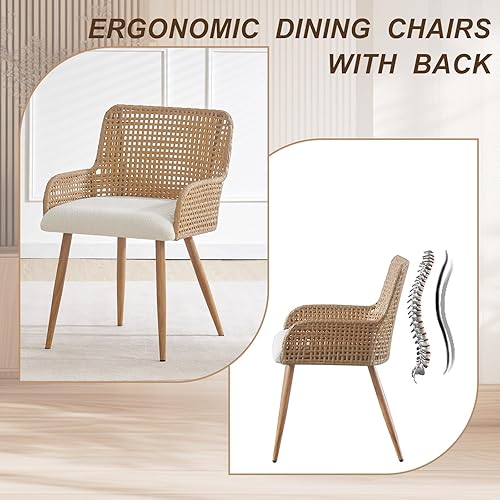 Miniatura 5 de Sillas de comedor de ratán, sillas de comedor tapizadas de tela Boucle con reposabrazos y respaldo de caña de polietileno, sillas de comedor