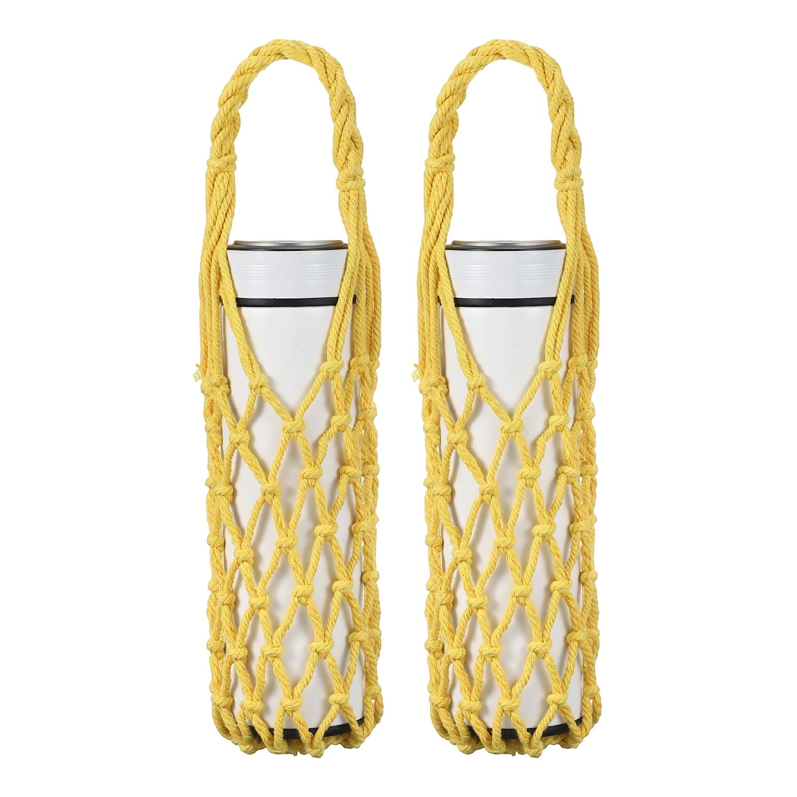 YELARXI 2Pcs Crochet Water Bottle Carrier Bag, Handwoven Cotton Rope Cup Holder with Braided Handle, Reusable Handheld Water Bottle Bag for Hiking Travel Shopping Accessories (Yellow)