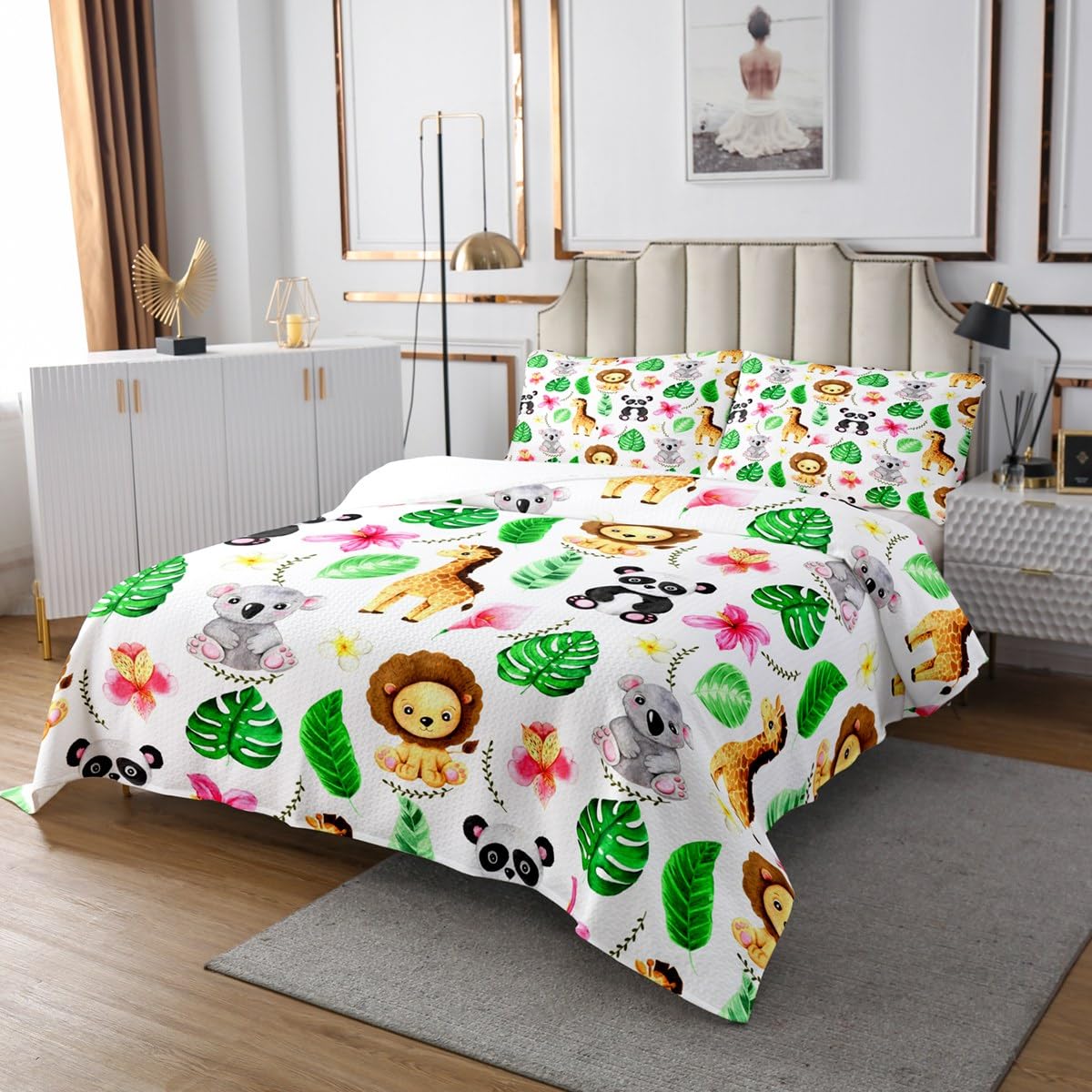 Feelyou Toddler Zoo Animal Bedspreads Twin Size Kids Cute Koala Panda Quilt Set Cartoon Lion Giraffe Coverlet for Boys Girls Teens Children Pink Flowers Green Leaves Jungle Quilted Bedspread 2Pcs