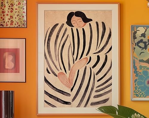 Trendy Woman Abstract Art Print featuring bold black stripe design, 70s retro poster style, modern wall decor for living room or bedroom