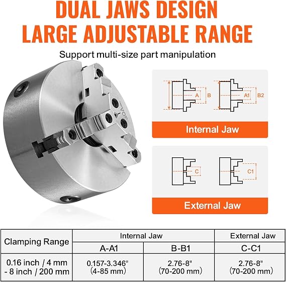 VEVOR 3-Jaw Lathe Chuck, 8'', Self-Centering Lathe Chuck, 0.16-8 in/4-200 mm Clamping Range with T-key Fixing Screws Hexagon Wrench, for Lathe 3D Printer Machining Center Milling Drilling Machine