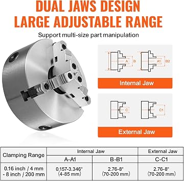 VEVOR 3-Jaw Lathe Chuck, 8'', Self-Centering Lathe Chuck, 0.16-8 in/4-200 mm Clamping Range with T-key Fixing Screws Hexagon Wrench, for Lathe 3D Printer Machining Center Milling Drilling Machine