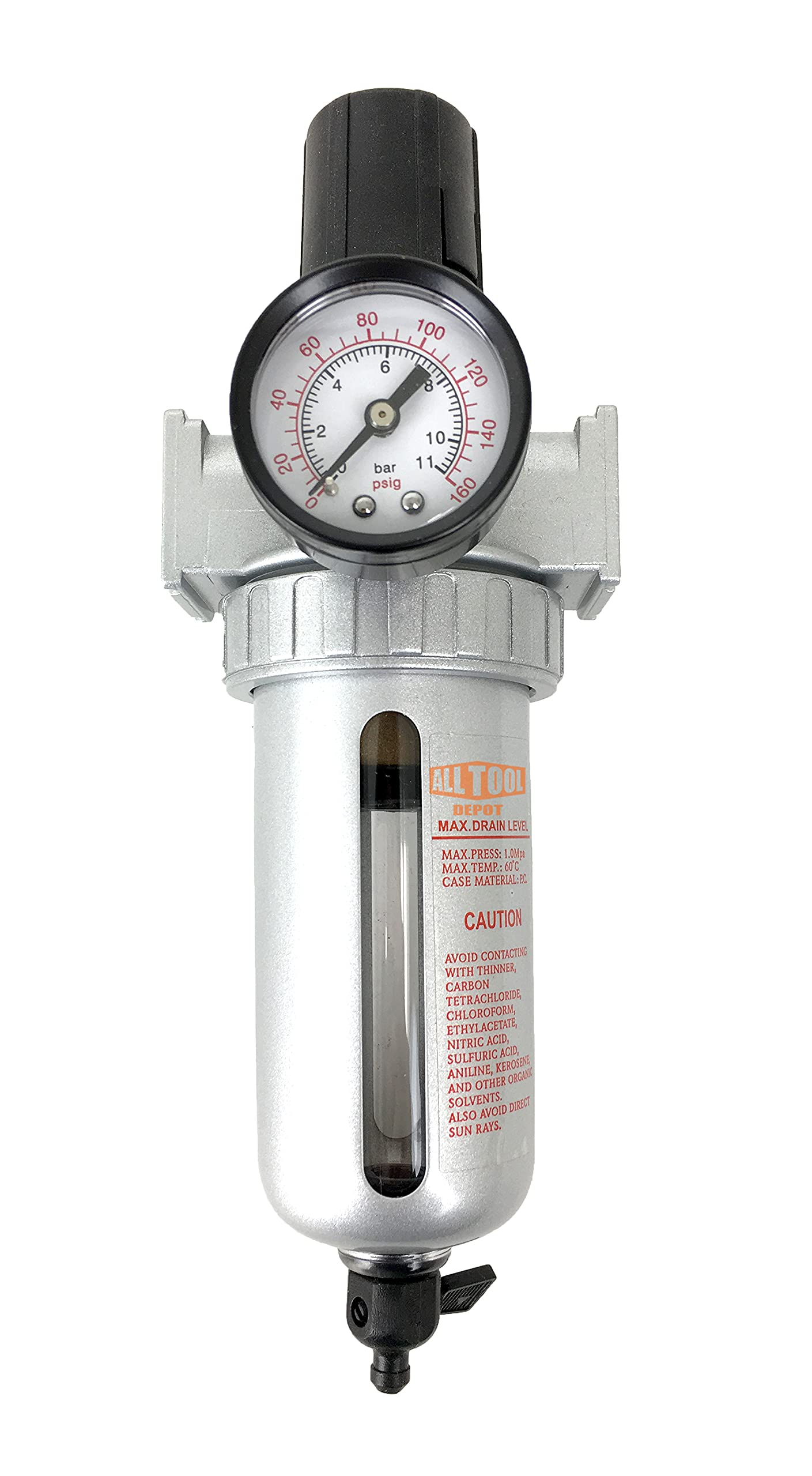 1/4" NPT Mid Flow Compressed Air In Line Filter Regulator Combo Piggyback, Poly Bowl And Metal Body, 5 Micron Element, Adjustable From 7 to 145 PSI (MANUAL DRAIN)