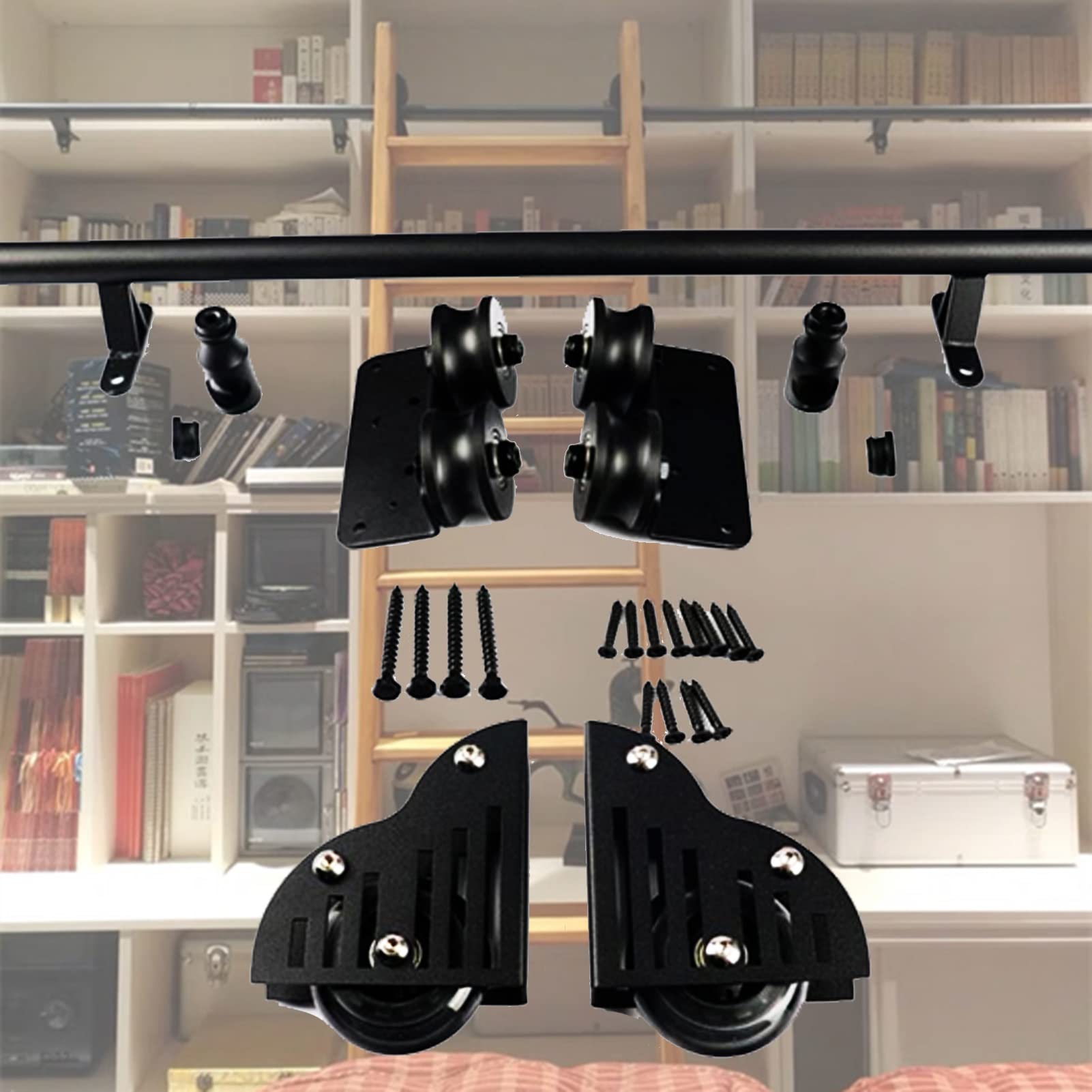Quincaillerie de bibliothèque coulissante noire pour échelle roulante rustique