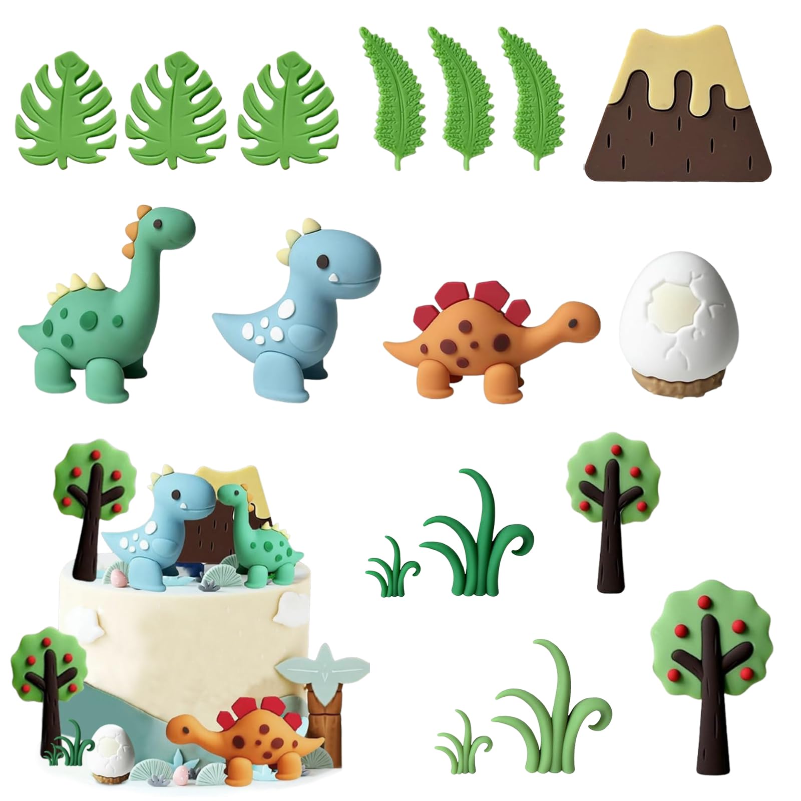 17 PCS Dinosaur Cake Toppers, Cake Decor 3D Dinosaurs Egg Leave Tree, Plastic, Fun, Animal Cupcake Toppers for Animal Themed Birthday Party, Decorations Supplies