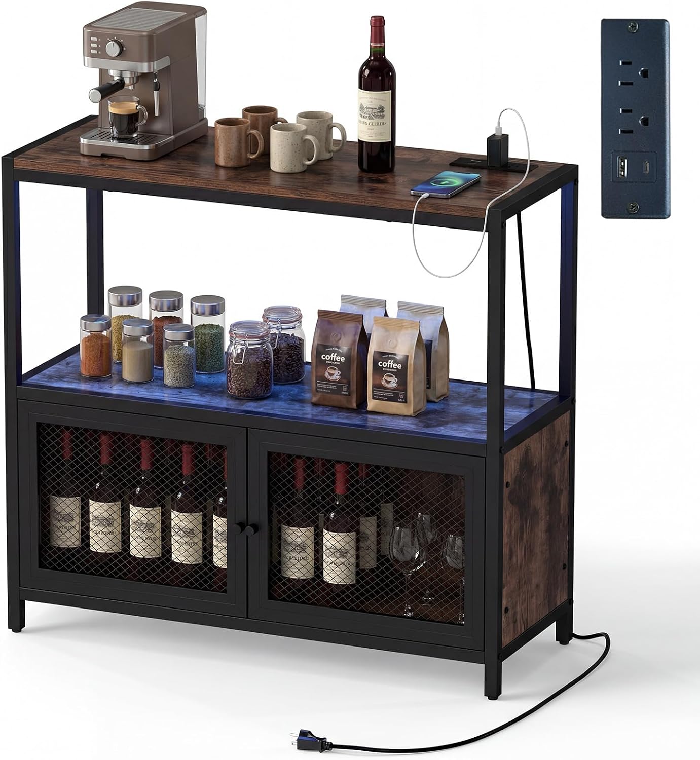 LOKO Industrial Wine Bar Cabinet with Power Outlets, Sideboard Buffet with LED Lights & Solid Metal Frame, Farmhouse Wooden Coffee Bar Cabinet for Liquor and Glasses, Storage Organizer for Kitchen, Di