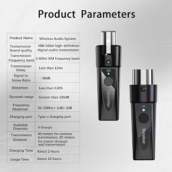 Wireless XLR Microphone System 2 Transmitters & 1 Receiver Dual-Input Wireless Mic Kit for Dynamic & Condenser Mics (Phantom Under 24V) Low Latency, 4-Channel Digital (2.4 GHz)