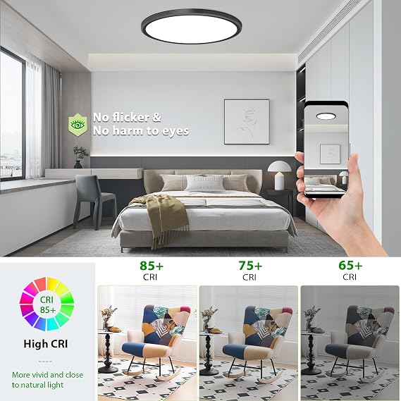 hunhun 6 Pack 3200lm LED Flush Mount Ceiling Light 12 Inch 5CCT Adjustable Super Slim 0.87 inch led Ceiling Light Fixture Round Low Profile Ceiling Lamp for Bedroom Living Room Kitchen Laundry Black