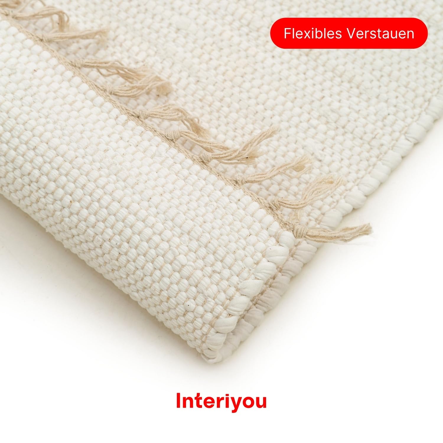 Interiyou Toledo Teppich aus Baumwolle - 70x200 cm Weiß - Handgewebter Teppich mit Fransen für Wohnzimmer, Schlafzimmer, Kinderzimmer, Esszimmer, Küche oder Flur