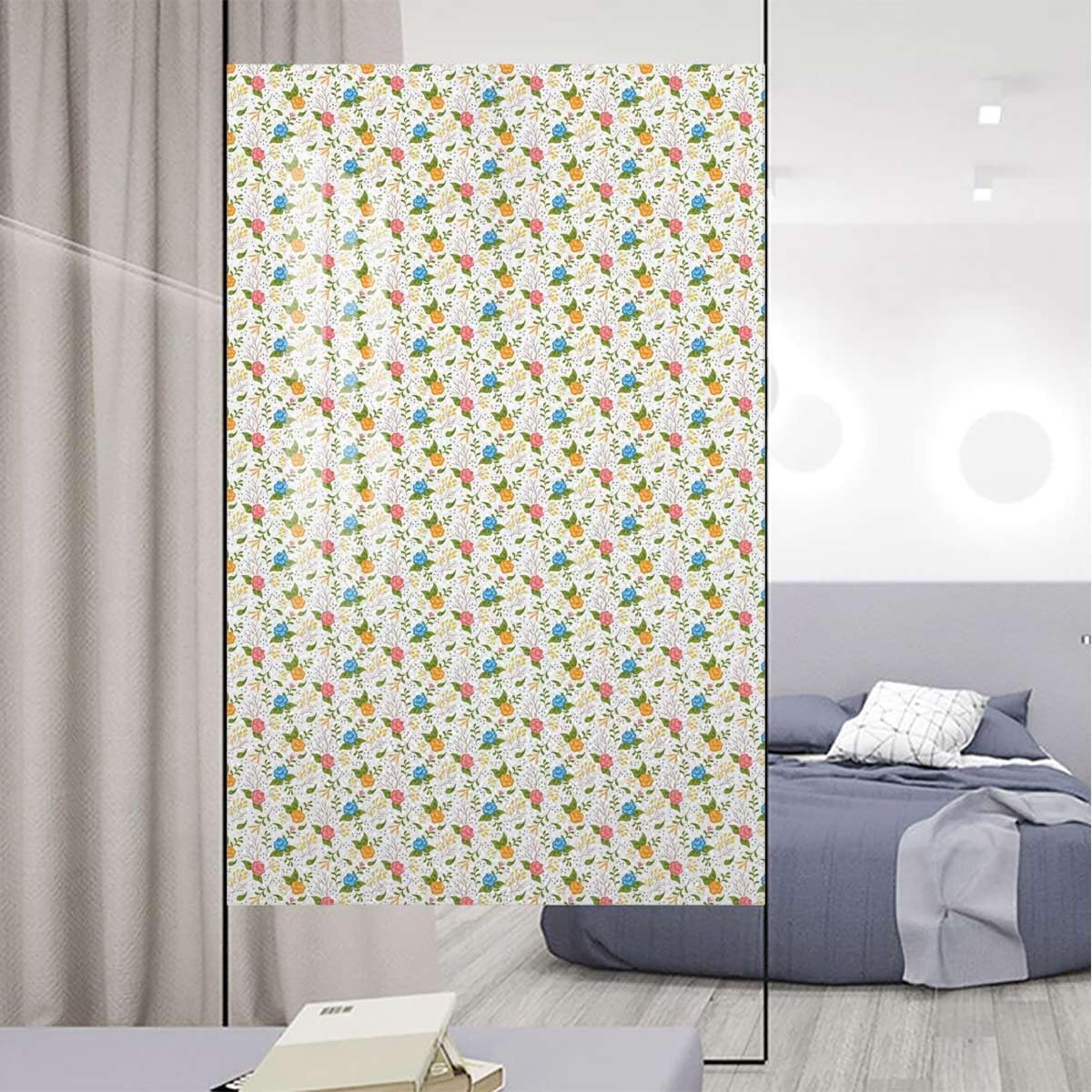Red Yellow Stained Glass Window Film Privacy Garden Spring Branches Pattern Sticker for Bathroom Home Office Kitchen Living Room Front Door Flowers Graffiti 35.4Wx59L-inch