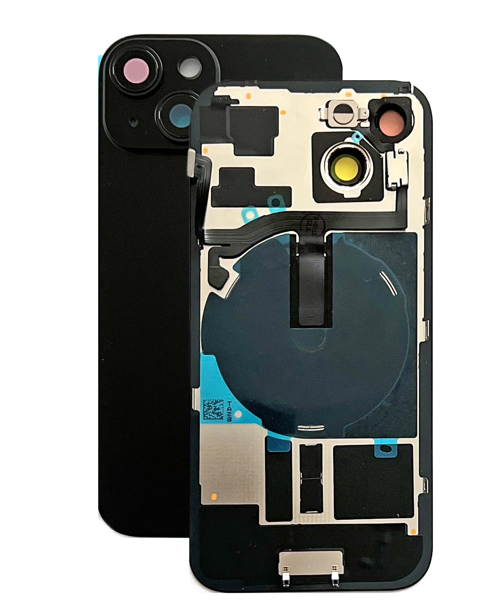 SVV Coque arrière pour iPhone 15 Series. Prémontée : avec câble flexible QI/NFC, aimant, support métallique, anneaux de caméra, etc. Verre arrière de remplacement. OEM (Noir)