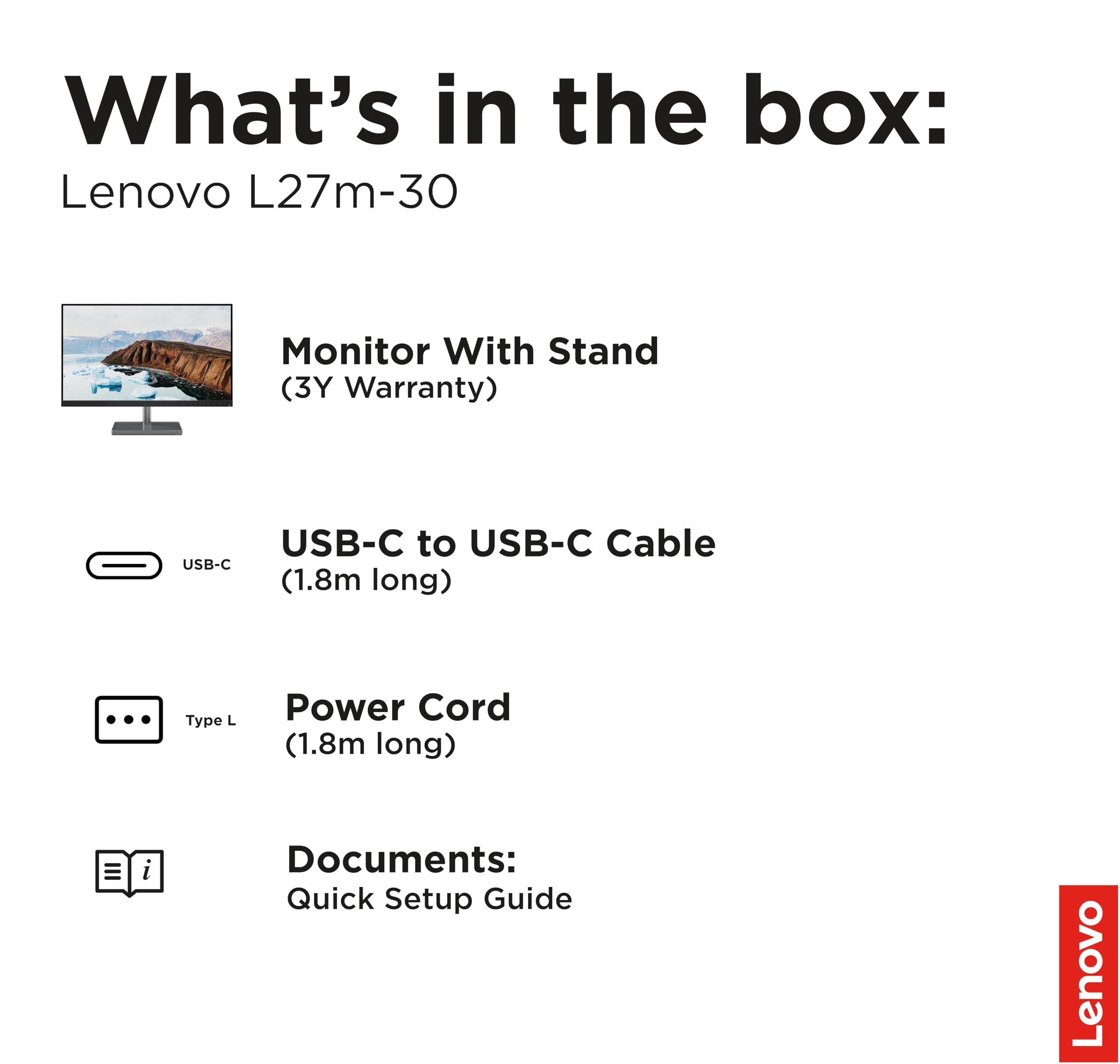 Lenovo L27m-30 Monitor 27" FHD IPS (1920x1080), 75 Hz, 4 ms, AMD FreeSync, HDMI+VGA+USB-C, HUB USB, Microfono e Altoparlanti integrati, Regolabile (Pivot), Base in Metallo, Eyesafe - Webcam inclusa