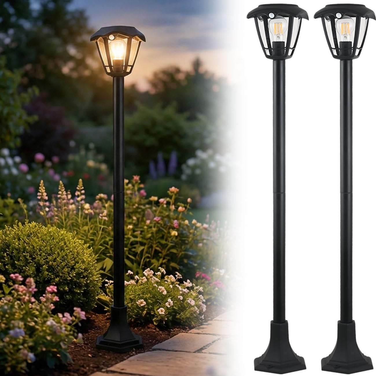ideoon 2er-Set Solar-LED-Gartenlaterne mit PIR Bewegungssensor 90° & 6m Reichweite, IP44 Wasserfest, E27 Filament Lampe, 3 Modi, 111,5 cm, Aussenleuchte