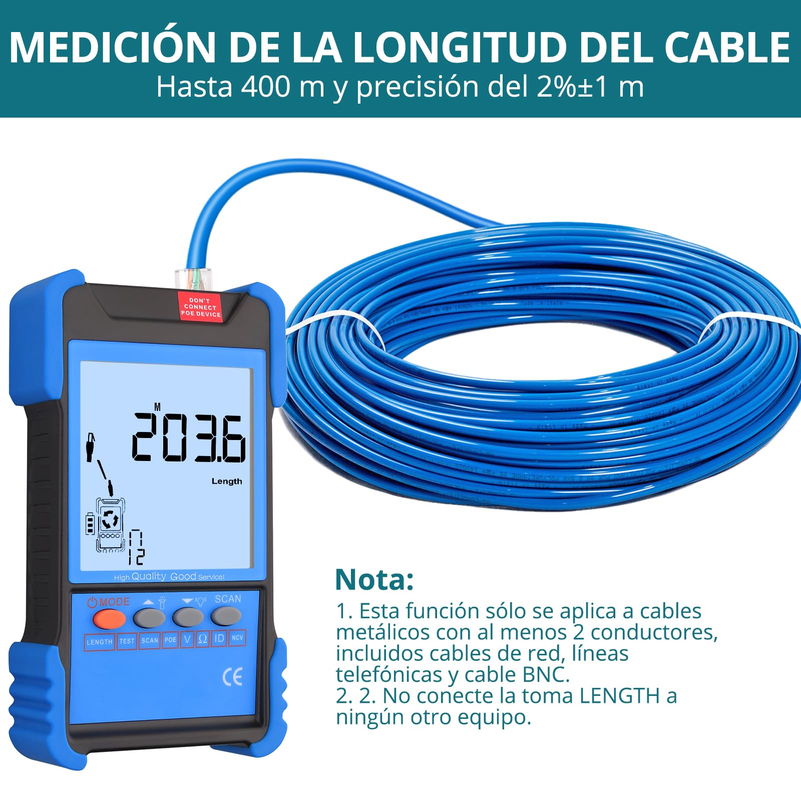 Probador de Cable con POE, Cableado Digital y Analógico, Multifunción Probador de Cable de Red NVC,Buscador de Líneas Cable CAT5 CAT5e CAT6 Cat7 Cat8 para Tensión de la Batería