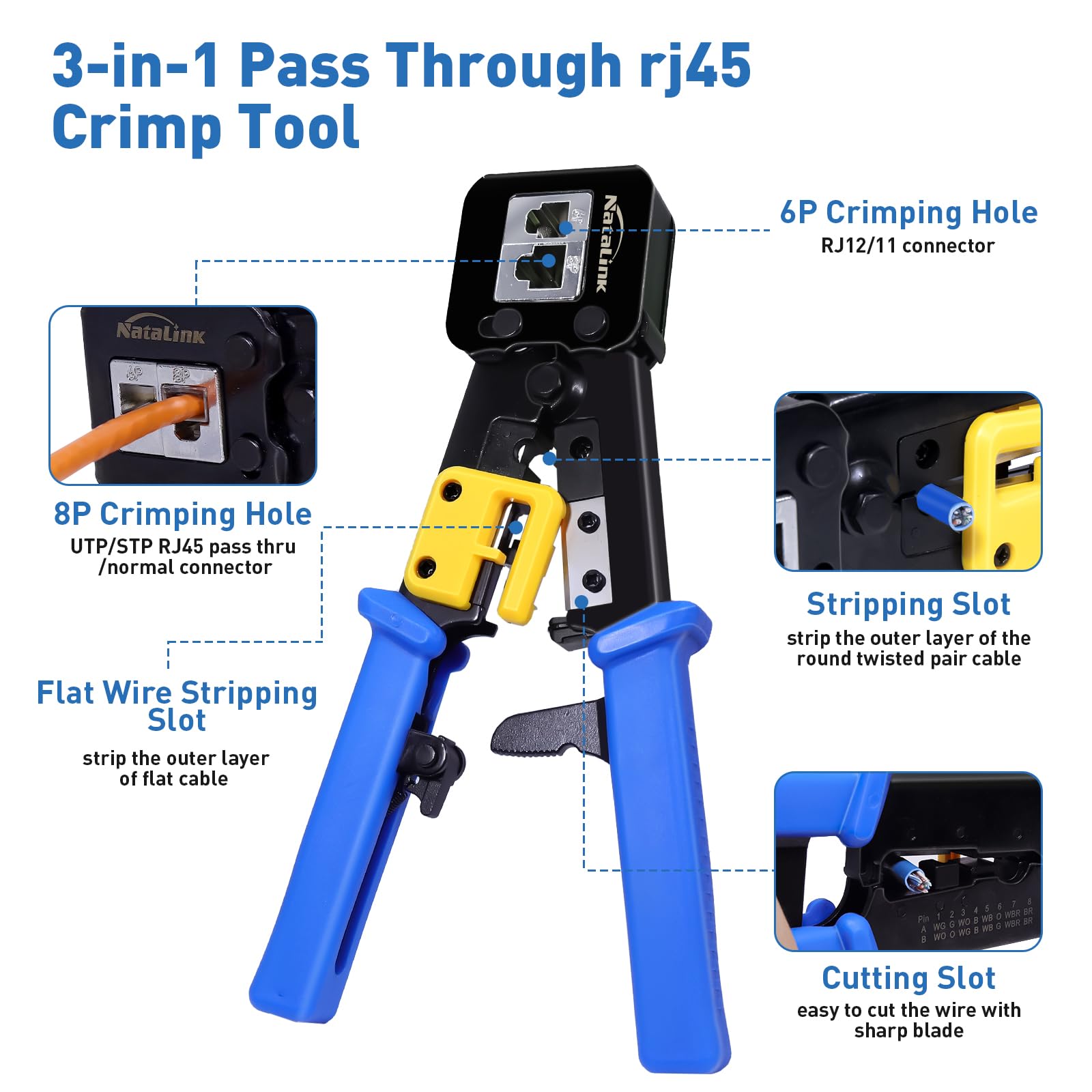 Crimpatrice RJ45 pass-through, crimpatrice Ethernet Cat 6 Cat 5E Cat 5 All-in-One RJ45 con 30 connettori Cat6 RJ45 pass-through e lama di ricambio