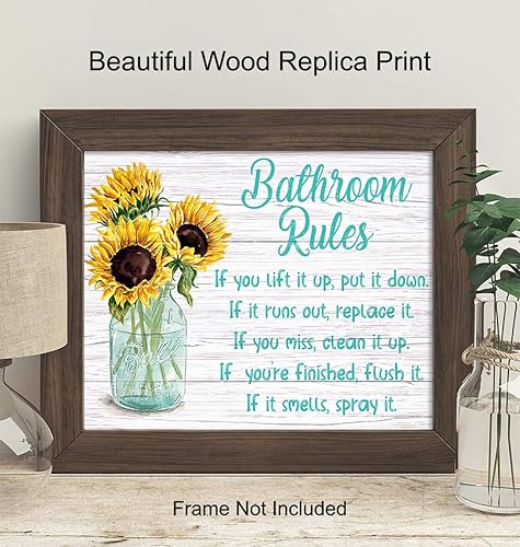 Miniatura 2 de Bathroom Rules Wall Decor - Sunflower Wall Decor - Rustic Country Farmhouse Bathroom Picture - Powder Room Artwork - Funny Blue Bathroom Print -