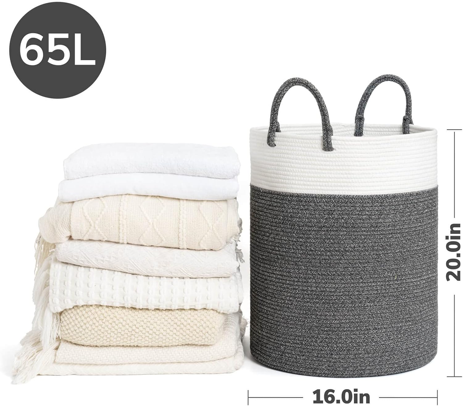 INDRESSME Tall Storage Basket with Handles, Large Nursery Laundry Hamper for Bedroom, Bathroom, Living room, Cute Laundry Basket for Blankets, Toys, Grey, 16 x 20 inches : Home & Kitchen