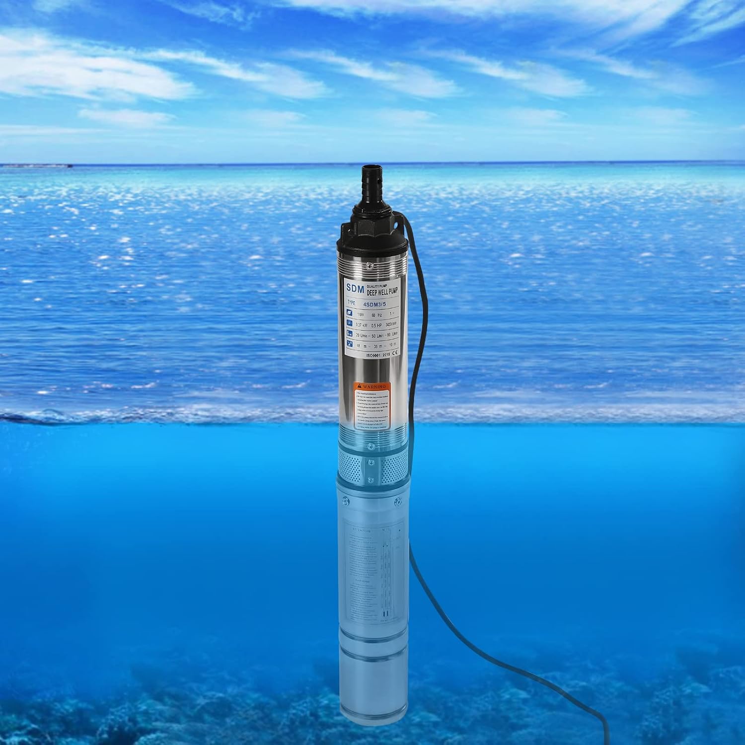 Deep Well Submersible Pump,110V/60HZ 0.37KW 0.5HP Stainless Steel Water Pump with 5ft Cable,1.25" Outlet Submersible Bore Pump for Rivers,Reservoirs,Canals