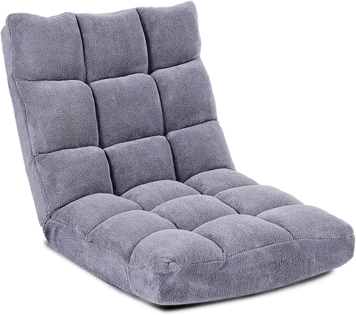 Giantex Floor Chairs for Adults - Floor Gaming Chair with Back Support, 14 Adjustable Position, Coral Velvet Cover and Thick Sponge Padding, Floor Seating Lounge for Reading, Watching TV (Silver Grey)