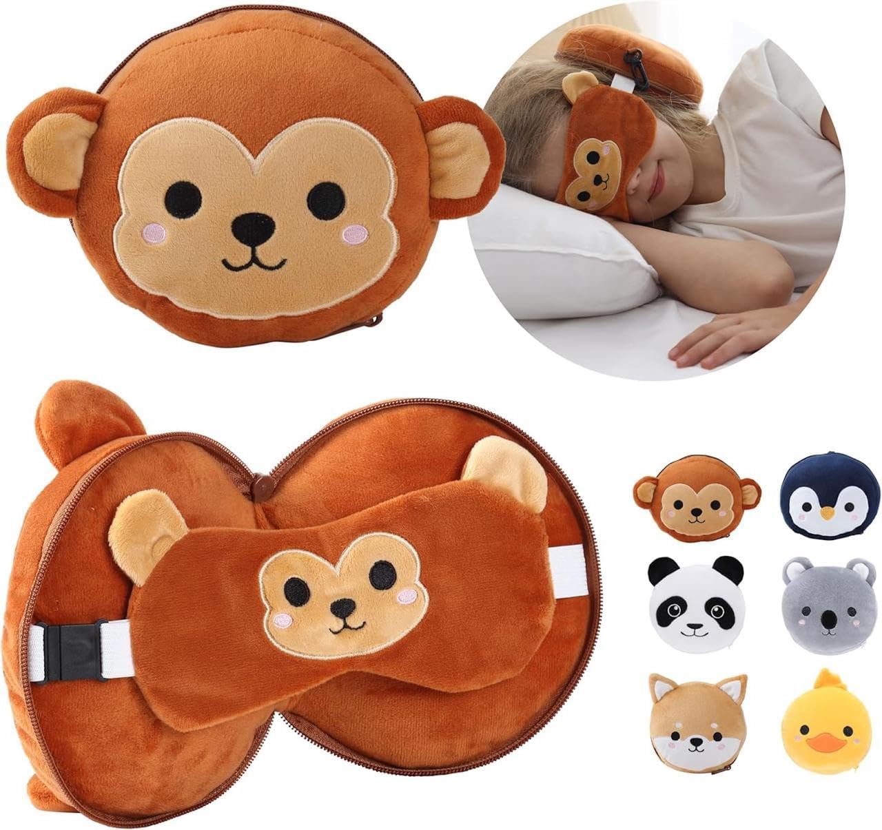 - 2-in-1 Travel Ergonomic Pillow and Eye Mask Set, Memory Foam Neck Support, Lightweight Portable Design, Cute Animal Plush Soft Eye Mask Blindfold for Sleeping, Nights and Travel (Multi Shsp)