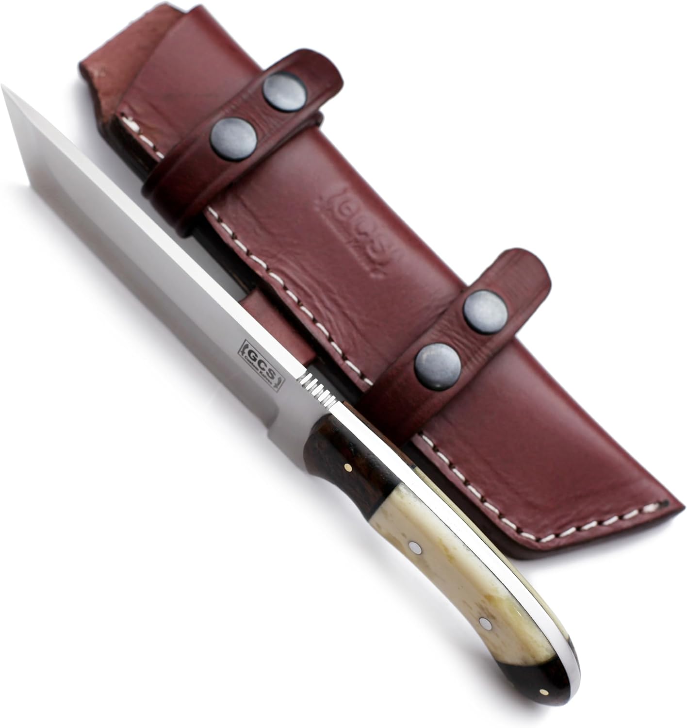GCS Handmade Camel Bone Full Tang Handle D2 Tool Steel Blade for Hunting, Camping and EDC Knife with Leather Sheath - GCS 1