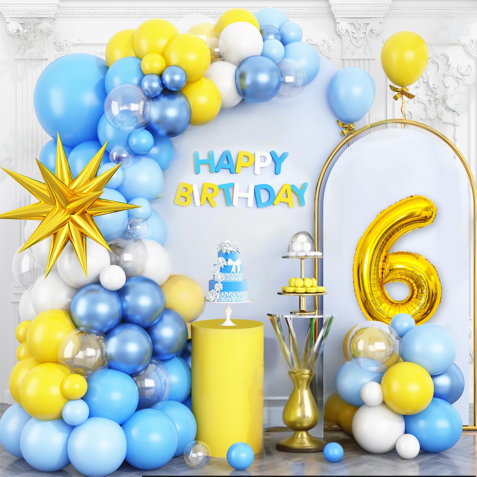 Yellow Blue 6th Birthday Balloons Arch, Baby Blue Clear White Balloons Garland Kit, Gold 4D Foil Star with Number 6 Balloon Tower Star Foil Balloon