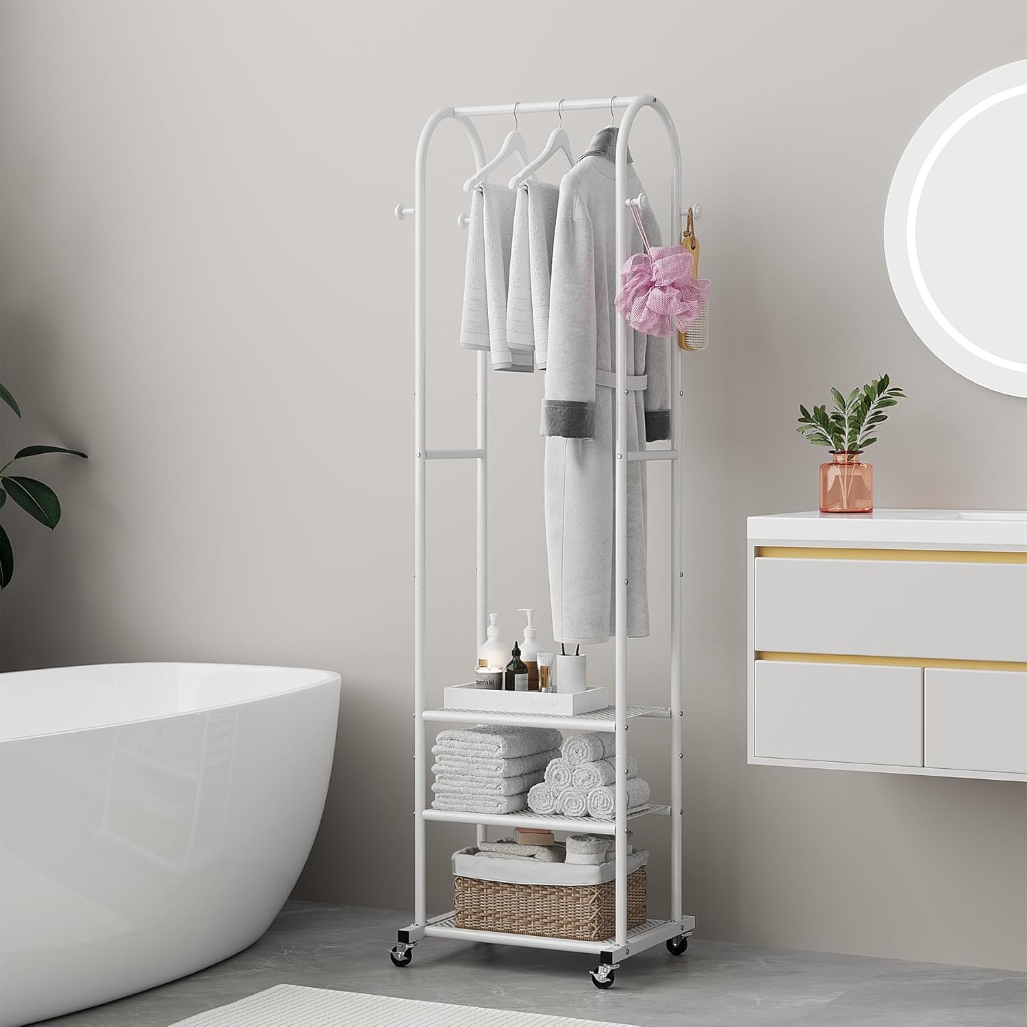 Hall Tree with Wheels and Hanging Hooks,Heavy-Duty Metal Coat Rack with Shoe Shelves,3-in-1 Narrow Entryway Storage for Small Space,Suitable for Hallway,Bedroom and Bathroom,White