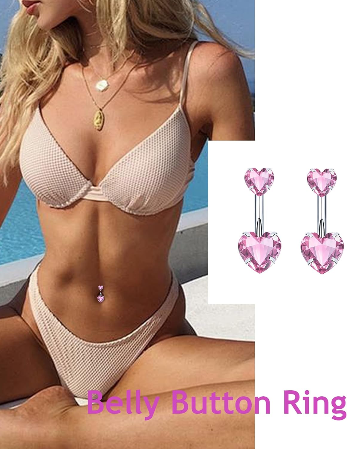 6Pcs Belly Button Ring Dangle Navel Belly Piercing Jewelry Bow Heart Butterfly Flower Navel Belly Rings Stainless Steel Dangling Jewelry 14G Cute Pink White CZ for Women - Image 3