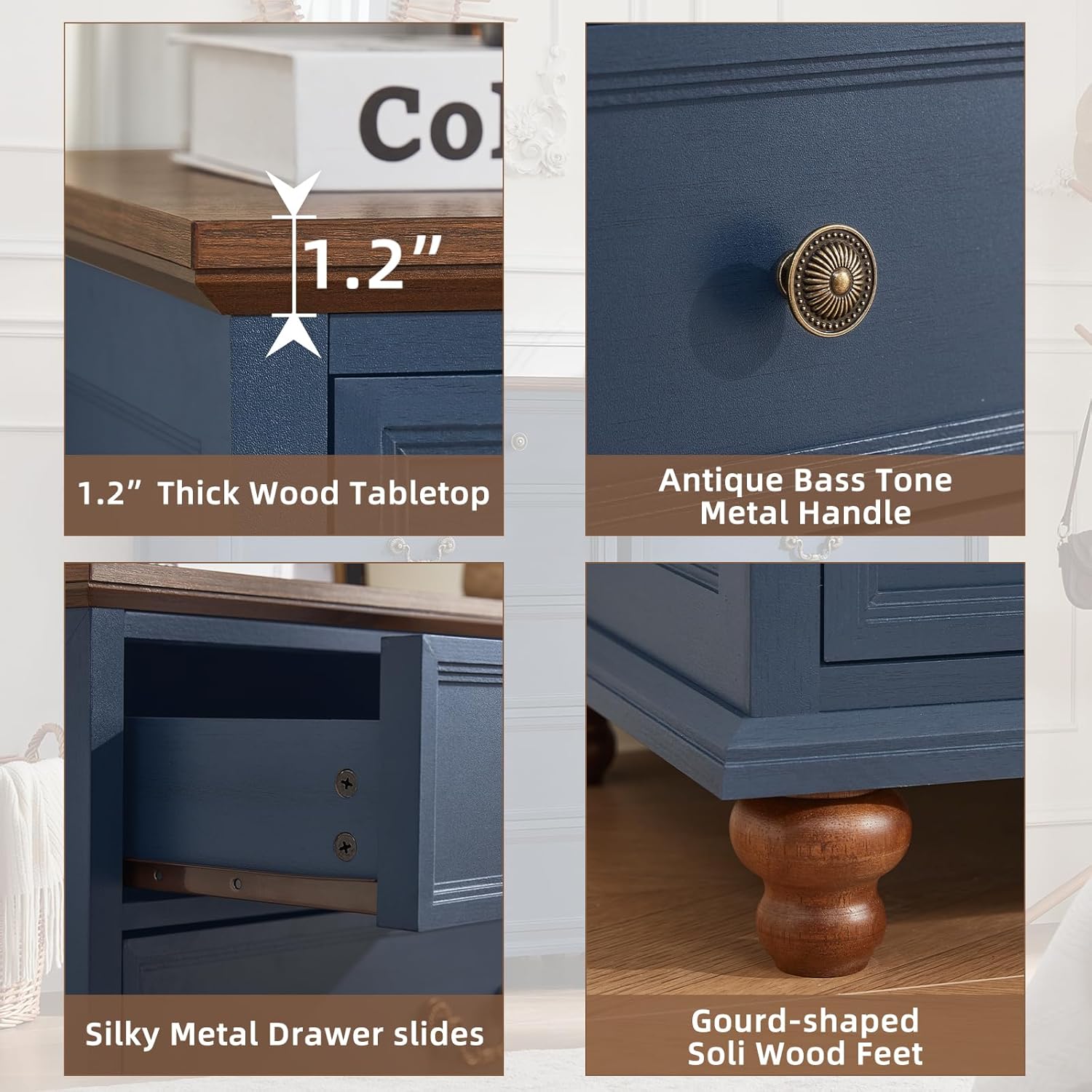 Joaxswe Farmhouse 6 Drawer Dresser for Bedroom, 42" Tall Rustic Chests of Drawers w/ 4 Solid Wood Feet, Mid Century Modern Wooden Closet Storage Dressers Organizer for Living Room, Hallway,Blue