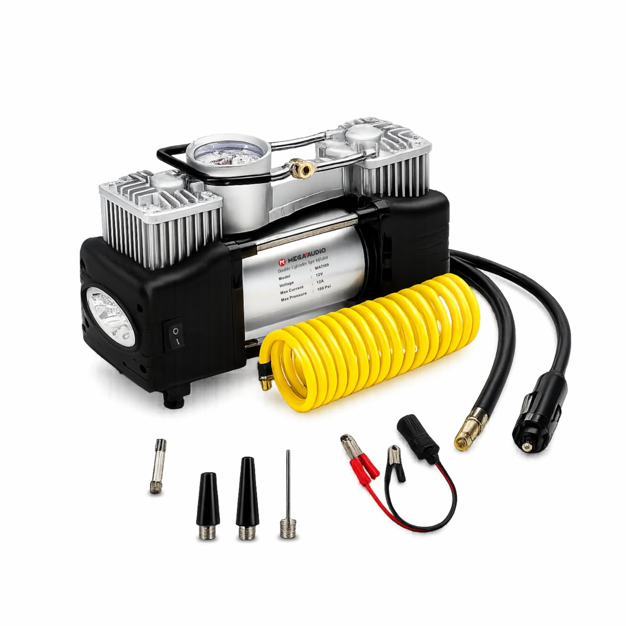 MEGAAUDIO MATI09 12V Double Cylinder Air Compressor Pump | 144W, 12A, 100 PSI with Auto Shut-Off, LED Light, and Multiple Valve Adaptors for Cars, Bikes, Motorcycles, Sports Balls, and Inflatables-image-30