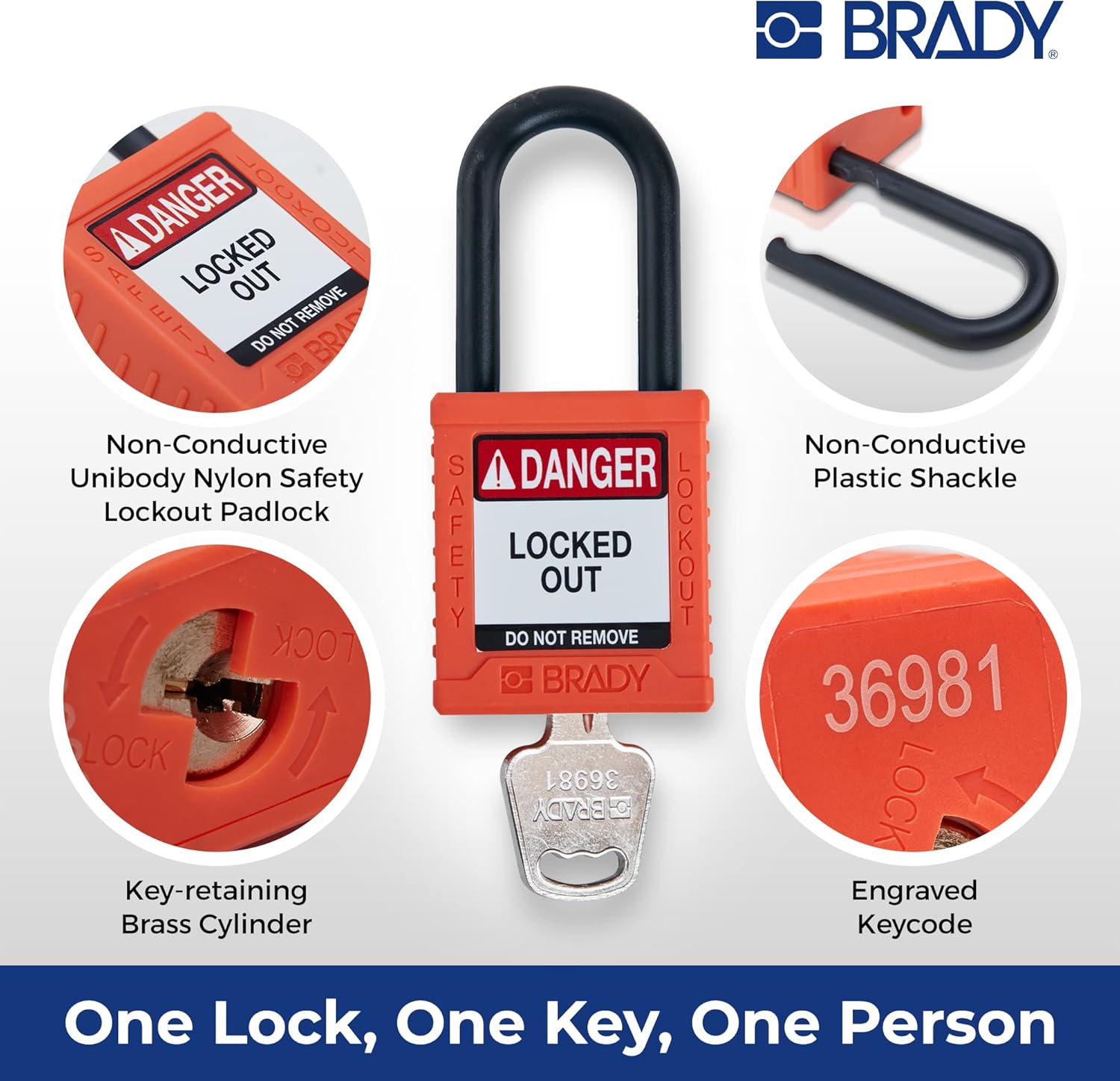 Brady Safety Lockout Padlock Sets - 6 Pack - Orange - Keyed Different Safety Lockout Padlocks - 1 Key Per Lock - SDPL-ORG-38PL-KD6