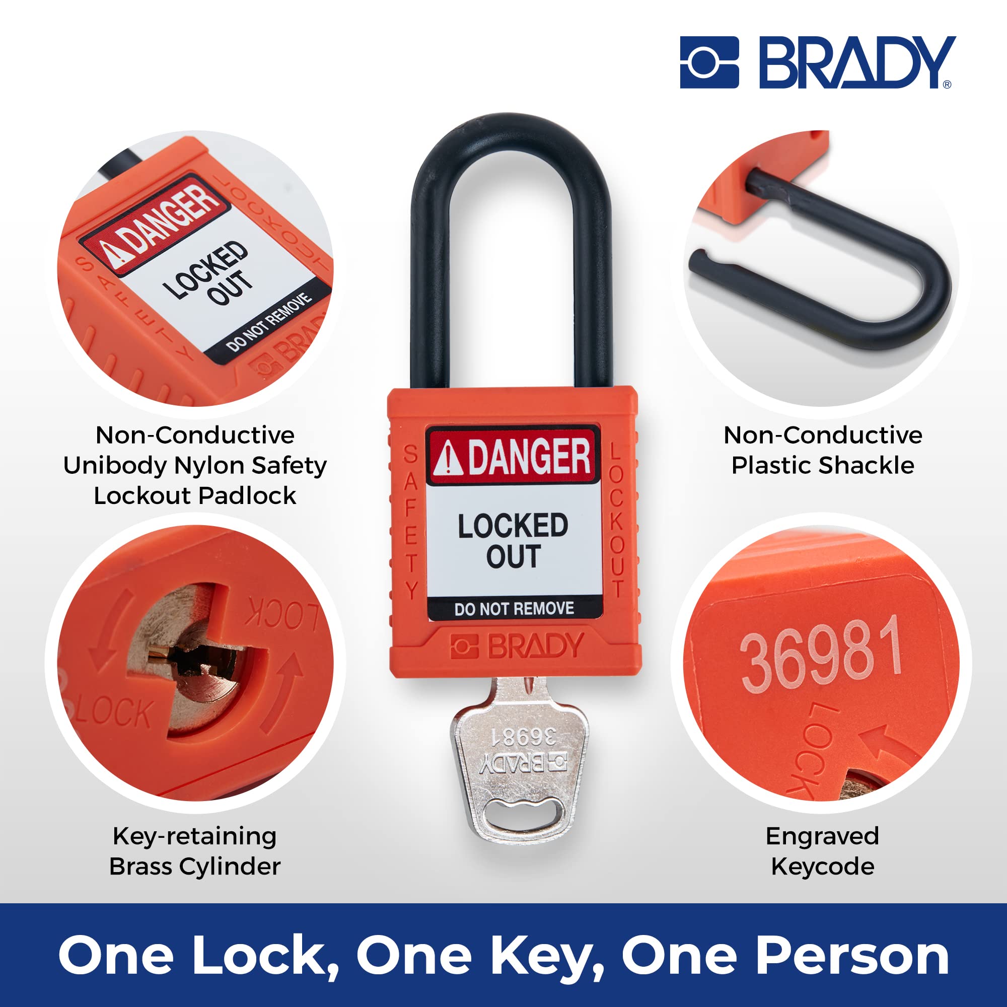 Brady Juego de candados de bloqueo de seguridad, paquete de 6 unidades, color naranja, con llave, candado de bloqueo de seguridad, 1 llave por cerradura, SDPL-ORG-38PL-KA6
