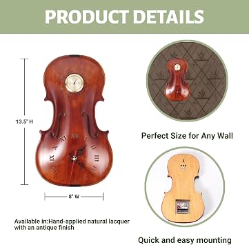 Handcrafted Violin Wall Clock with Thermometer - Solid Wood Musical Timepiece, Mercury-Free Temperature Gauge, Unique Gift for Musicians