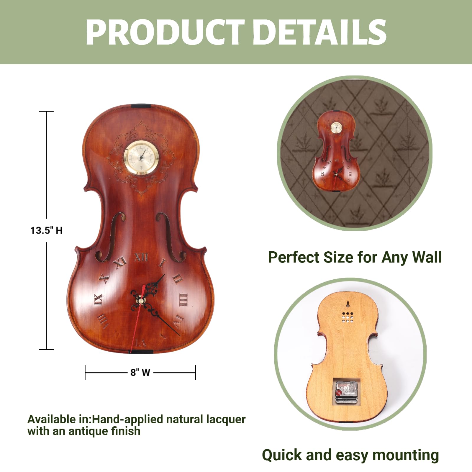 Reloj de pared de violín hecho a mano con termómetro, reloj musical de madera maciza, medidor de temperatura sin mercurio, regalo único para músicos