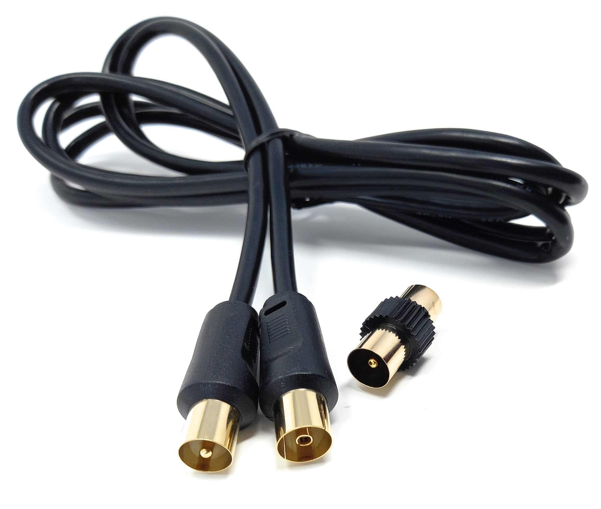 DRUT 2m TV Male to Female Extension Coax Cable, Supplied With a Male to Male Coupler Adapter, Gold Connectors 6.5ft Black - Image 2