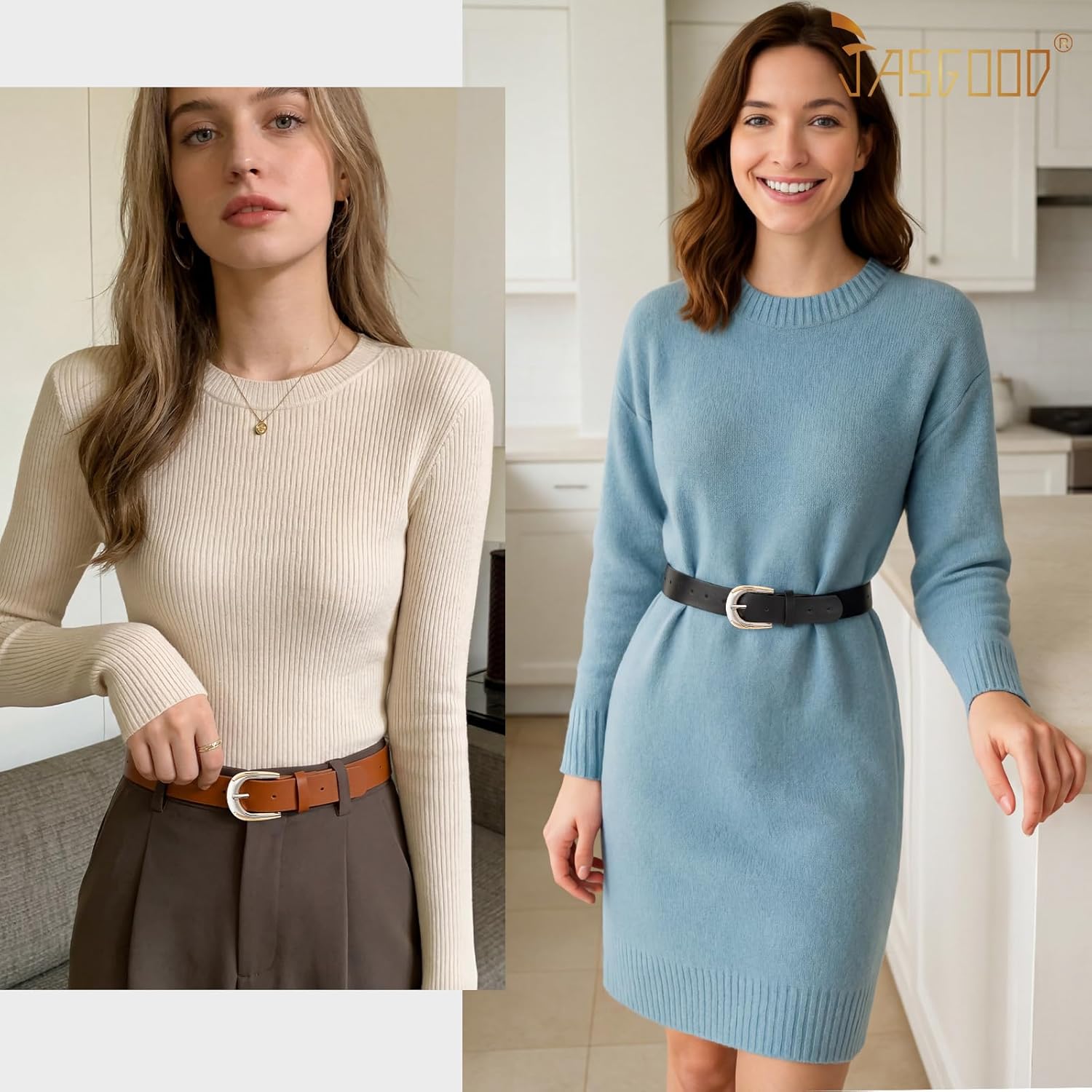 JASGOOD Leather Belts for Women Ladies Casual Belt for Jeans Pants Dresses with Gold and Silver Buckle - Image 4