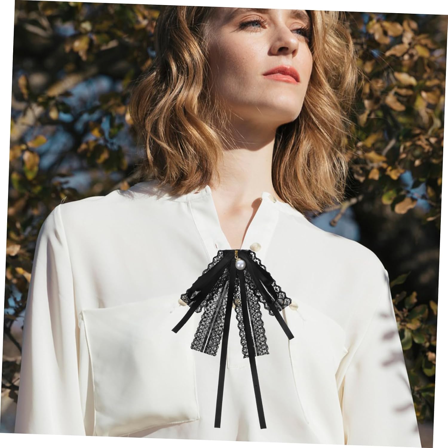 FRCOLOR Elegant Black Lace Bow Tie Collar Pin for Women Handmade Ribbon Brooch Tie Chic Clothing Accessory for Collarless Shirts Blouses and Dresses Fashion